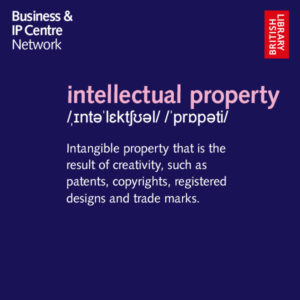 writing on a blue background. definition of intellectual property, intangible property that is the result of creativity, such as patents, copyrights, registered designs and trade marks. 