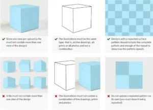 image of the do's and don'ts/ rules of illustrations as on the intellectual property office website. Images use cubes and patterns to demonstrate what is and isnt allowed.